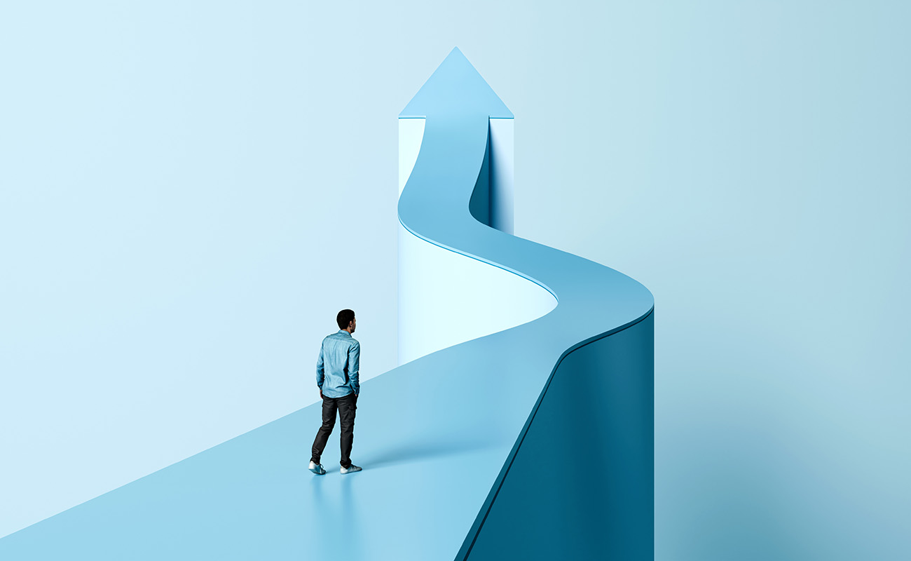 Onwards,And,Upwards,,Path,To,Success,,Man,Walking,On,Arrow,